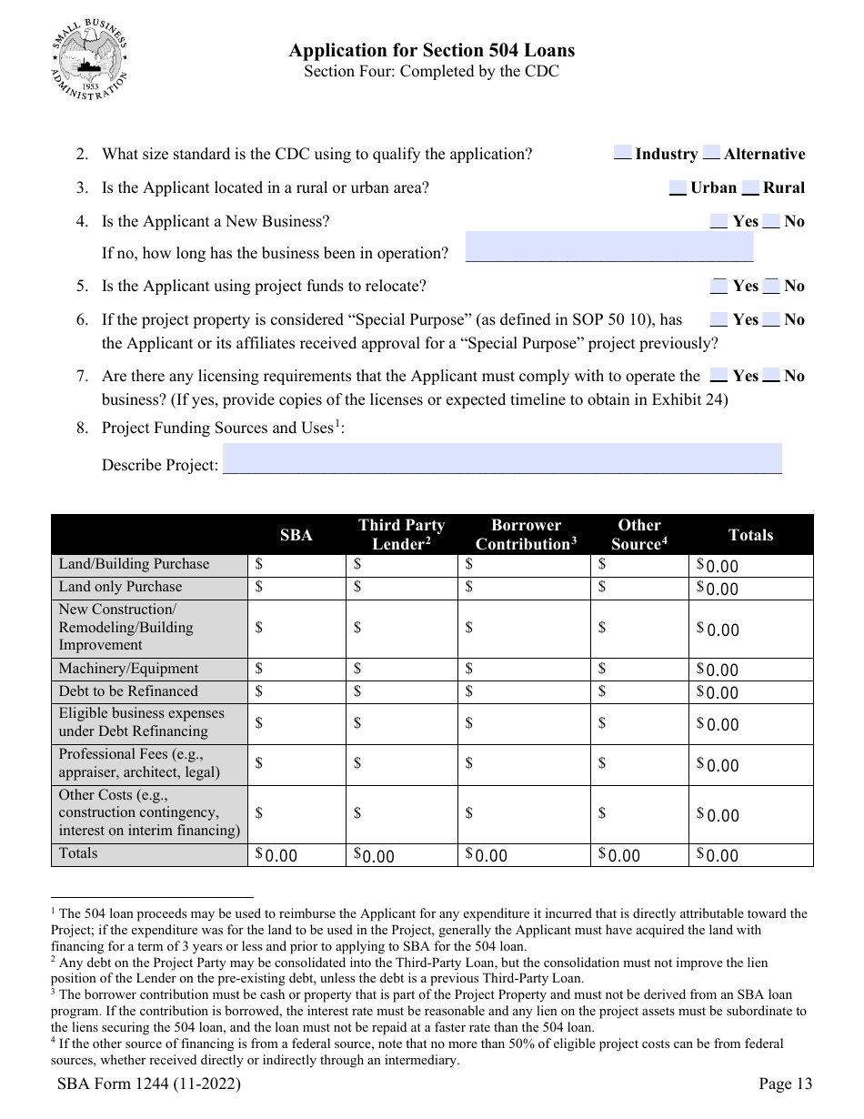 SBA Form 1244 Download Fillable PDF or Fill Online Application for