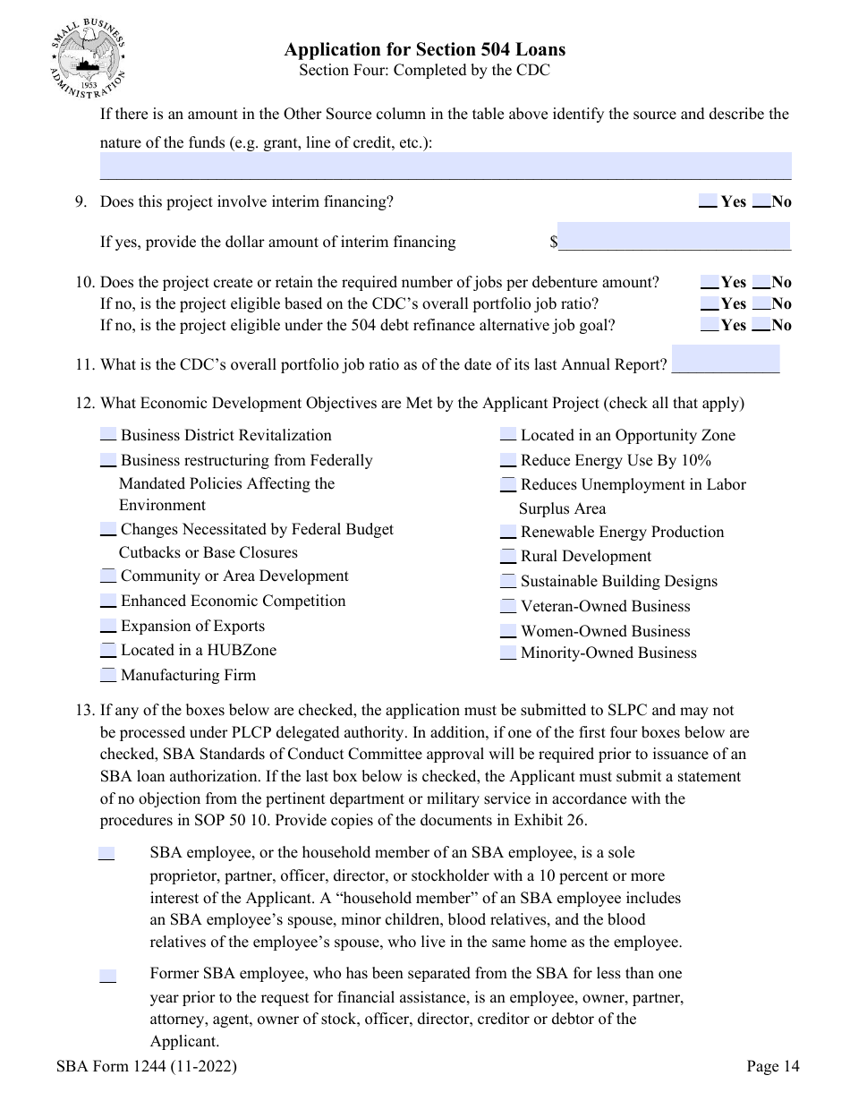 SBA Form 1244 Download Fillable PDF or Fill Online Application for