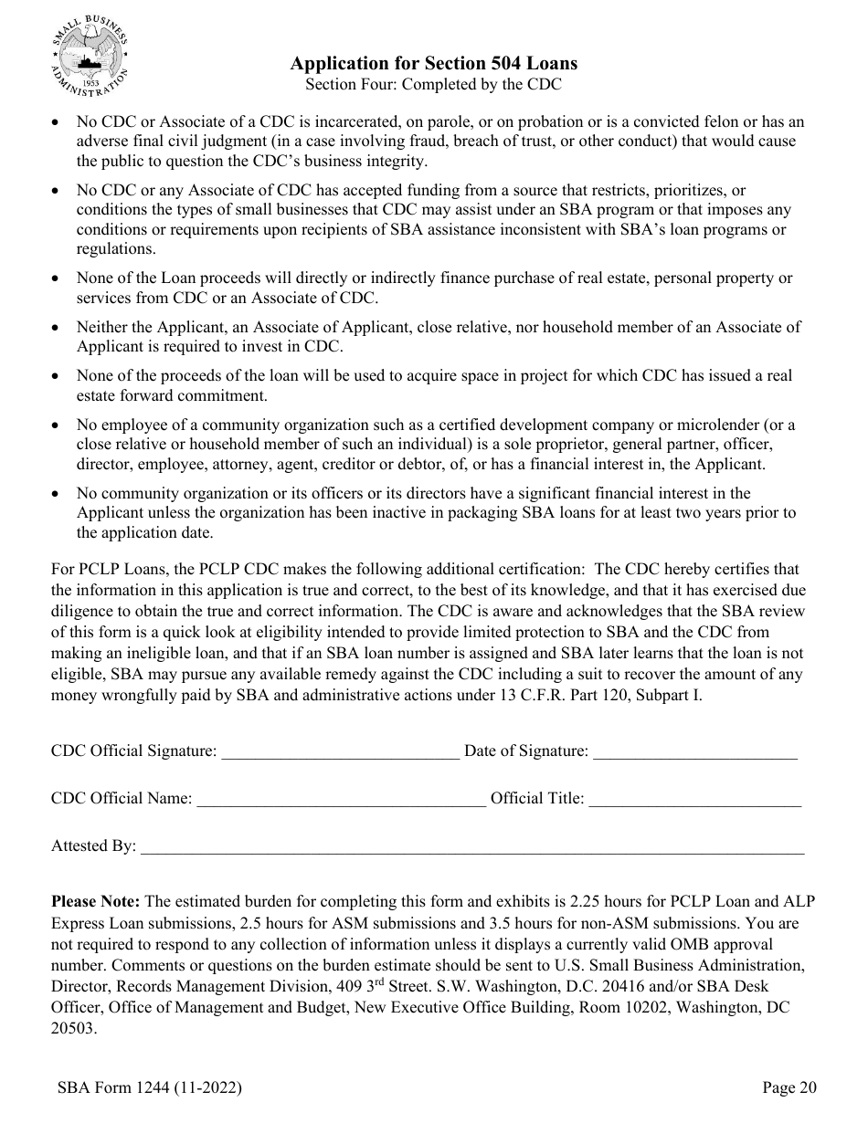 SBA Form 1244 Download Fillable PDF or Fill Online Application for