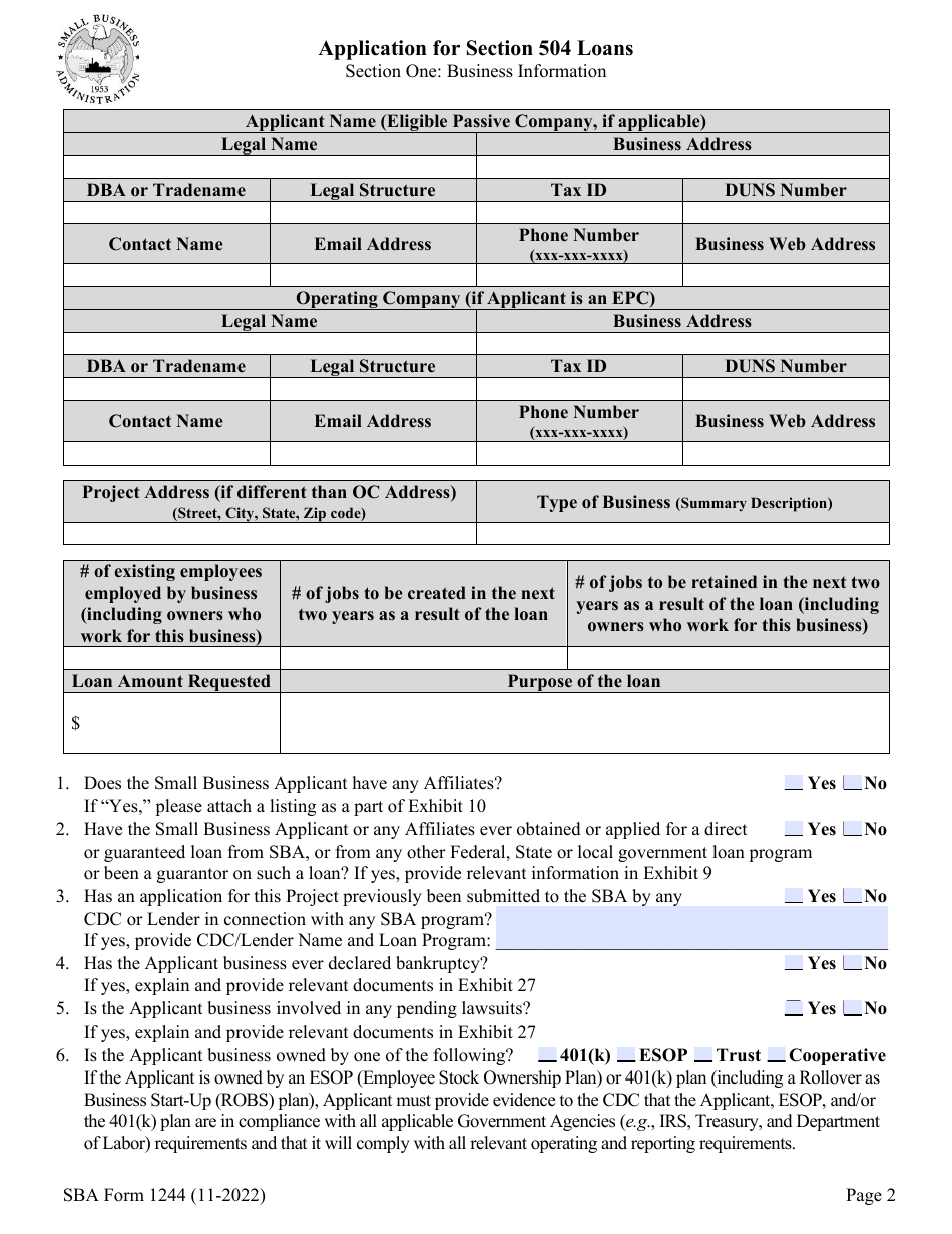 SBA Form 1244 Download Fillable PDF or Fill Online Application for