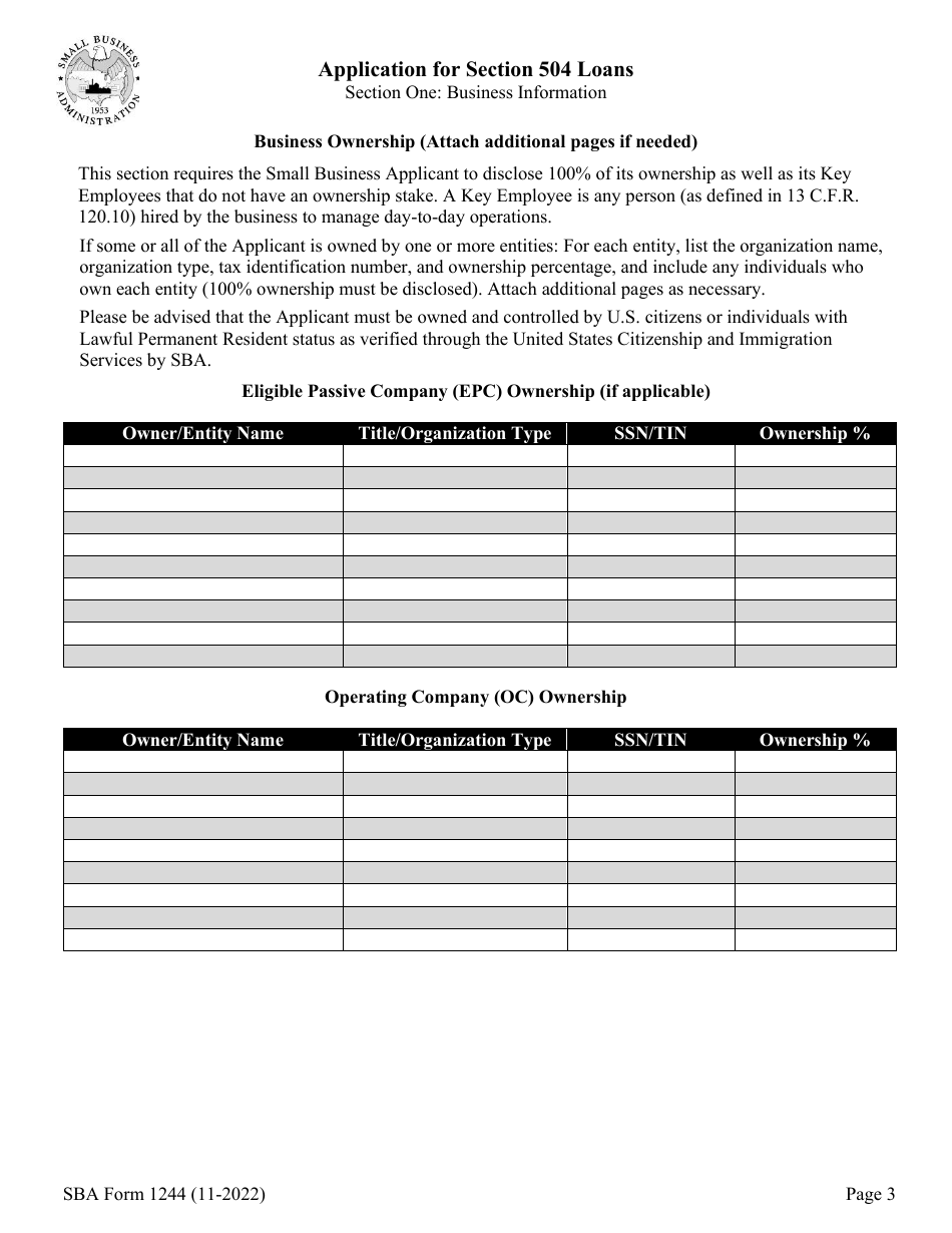 SBA Form 1244 Download Fillable PDF or Fill Online Application for