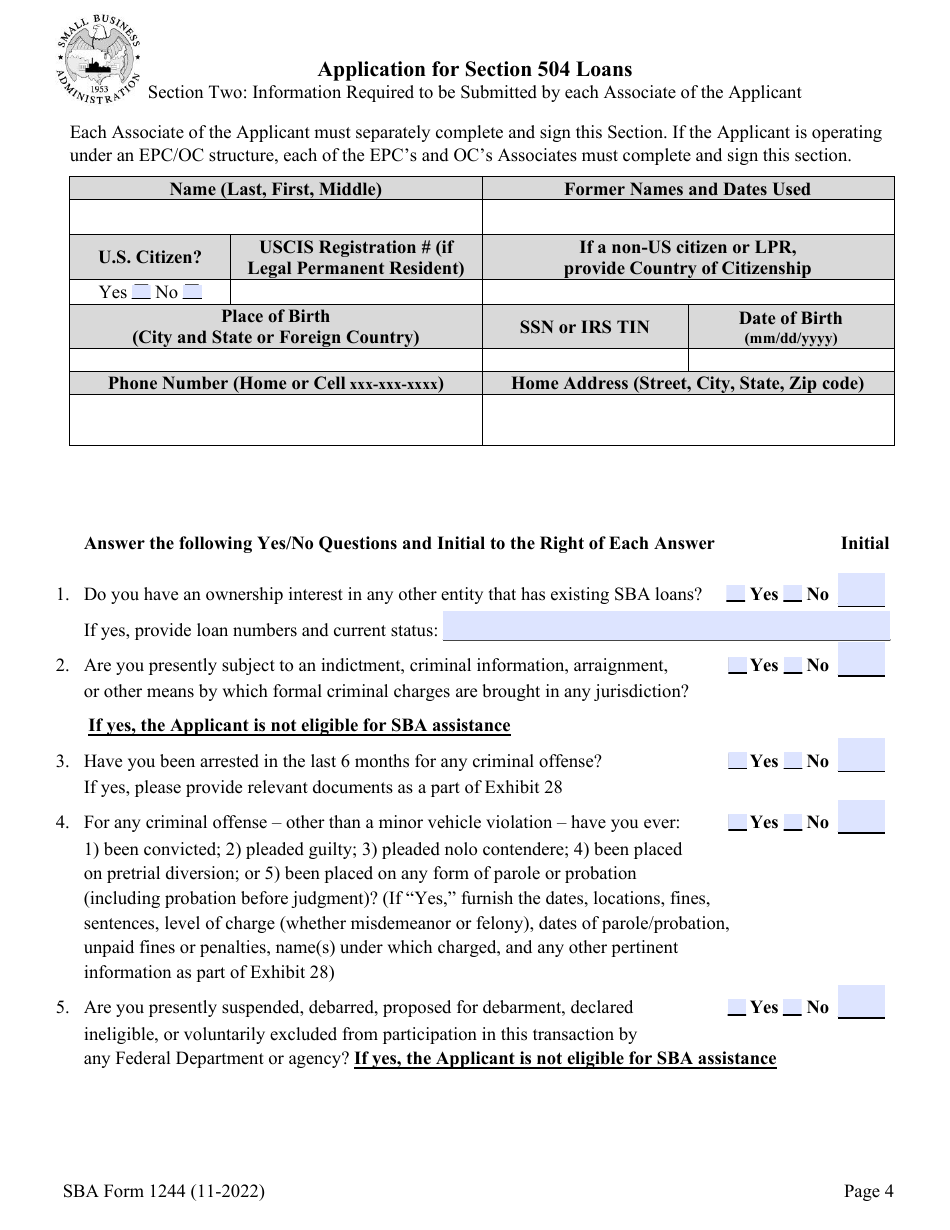 SBA Form 1244 Download Fillable PDF or Fill Online Application for