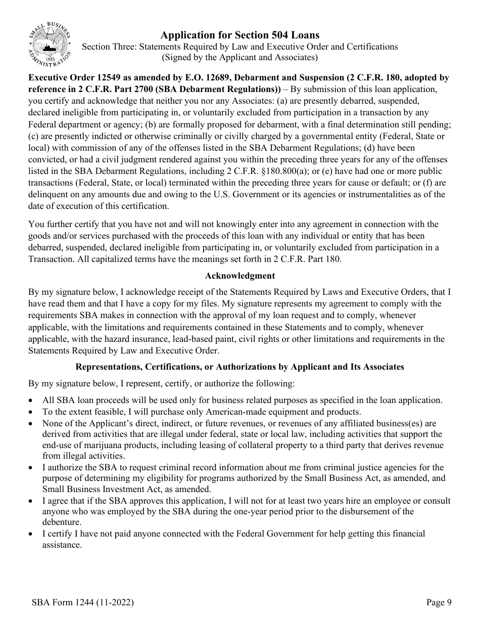 SBA Form 1244 Application for Section 504 Loans, Page 9