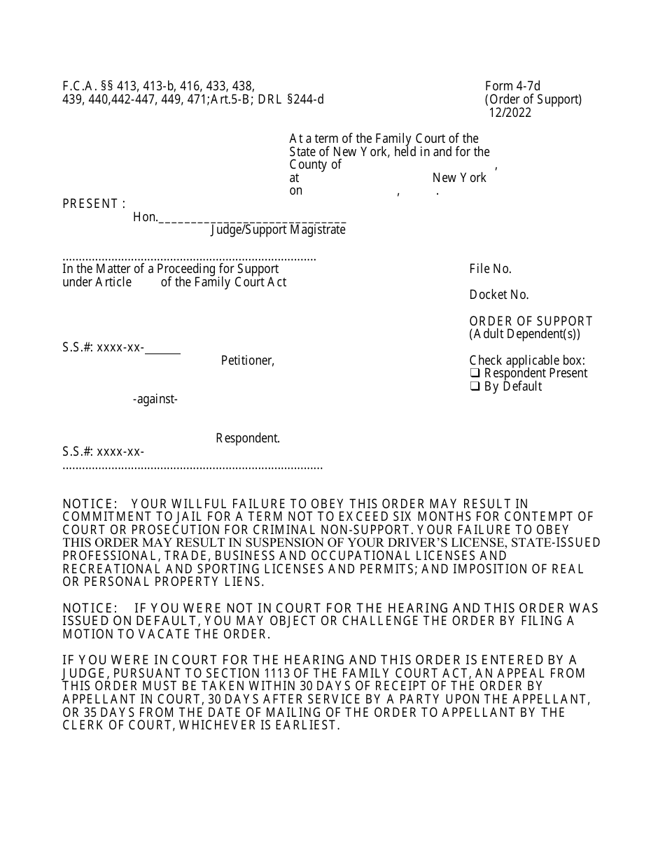 Form 4-7D Order on Petition for Support of Adult Dependent - New York, Page 1