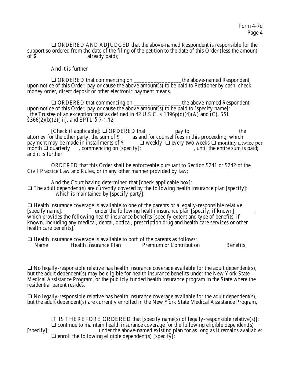 Form 4-7D Order on Petition for Support of Adult Dependent - New York, Page 4