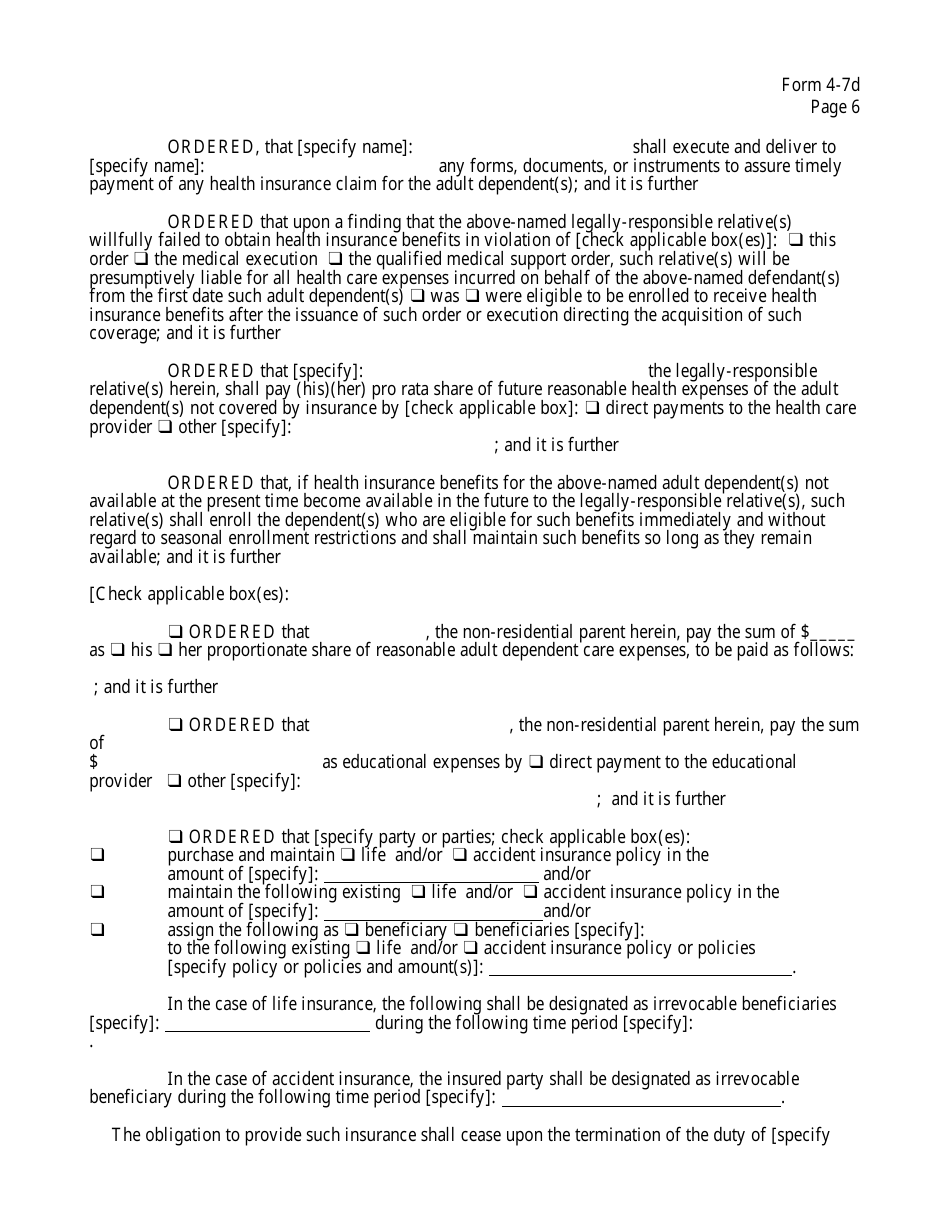 Form 4-7D Order on Petition for Support of Adult Dependent - New York, Page 6