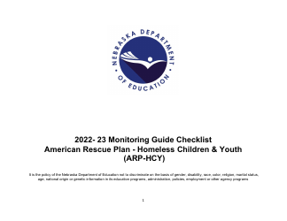 Document preview: Monitoring Guide Checklist - American Rescue Plan - Homeless Children & Youth - Nebraska, 2023