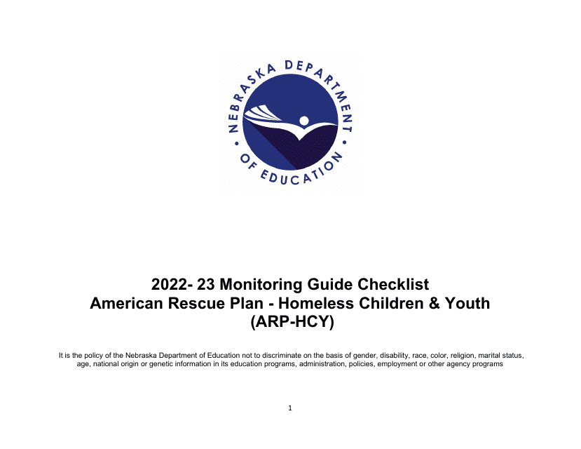 Monitoring Guide Checklist - American Rescue Plan - Homeless Children & Youth - Nebraska, 2023