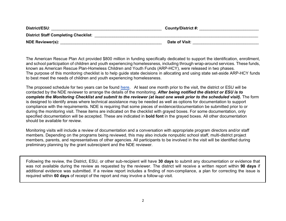 Monitoring Guide Checklist - American Rescue Plan - Homeless Children  Youth - Nebraska, Page 2