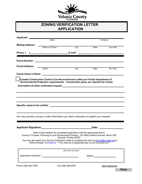 Zoning Verification Letter Application - Volusia County, Florida Download Pdf