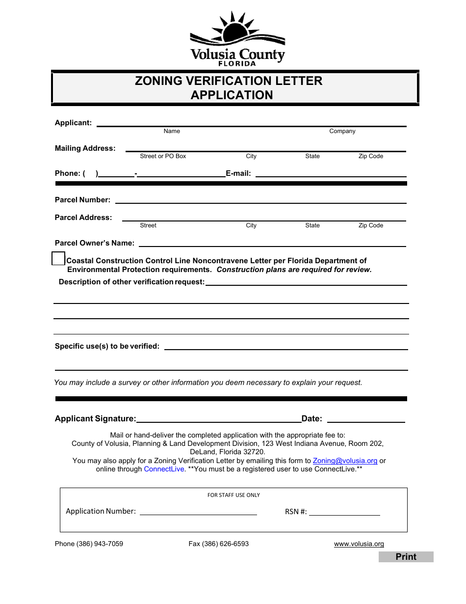 Volusia County, Florida Zoning Verification Letter Application Fill