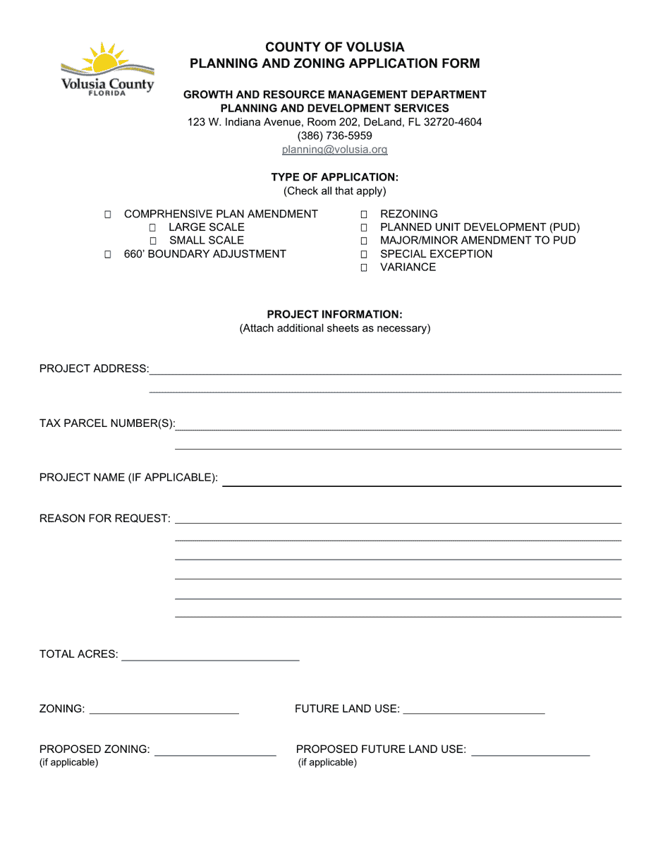 Volusia County, Florida Planning and Zoning Application Form Download