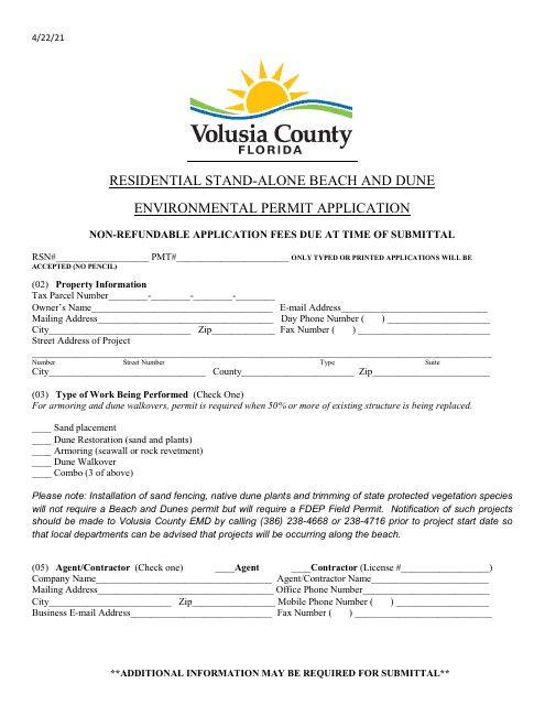Residential Stand-Alone Beach and Dune Environmental Permit Application - Volusia County, Florida Download Pdf
