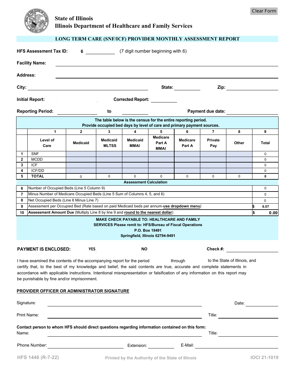 Form HFS1446 Long Term Care (Snf / Icf) Provider Monthly Assessment Report - Illinois, Page 1