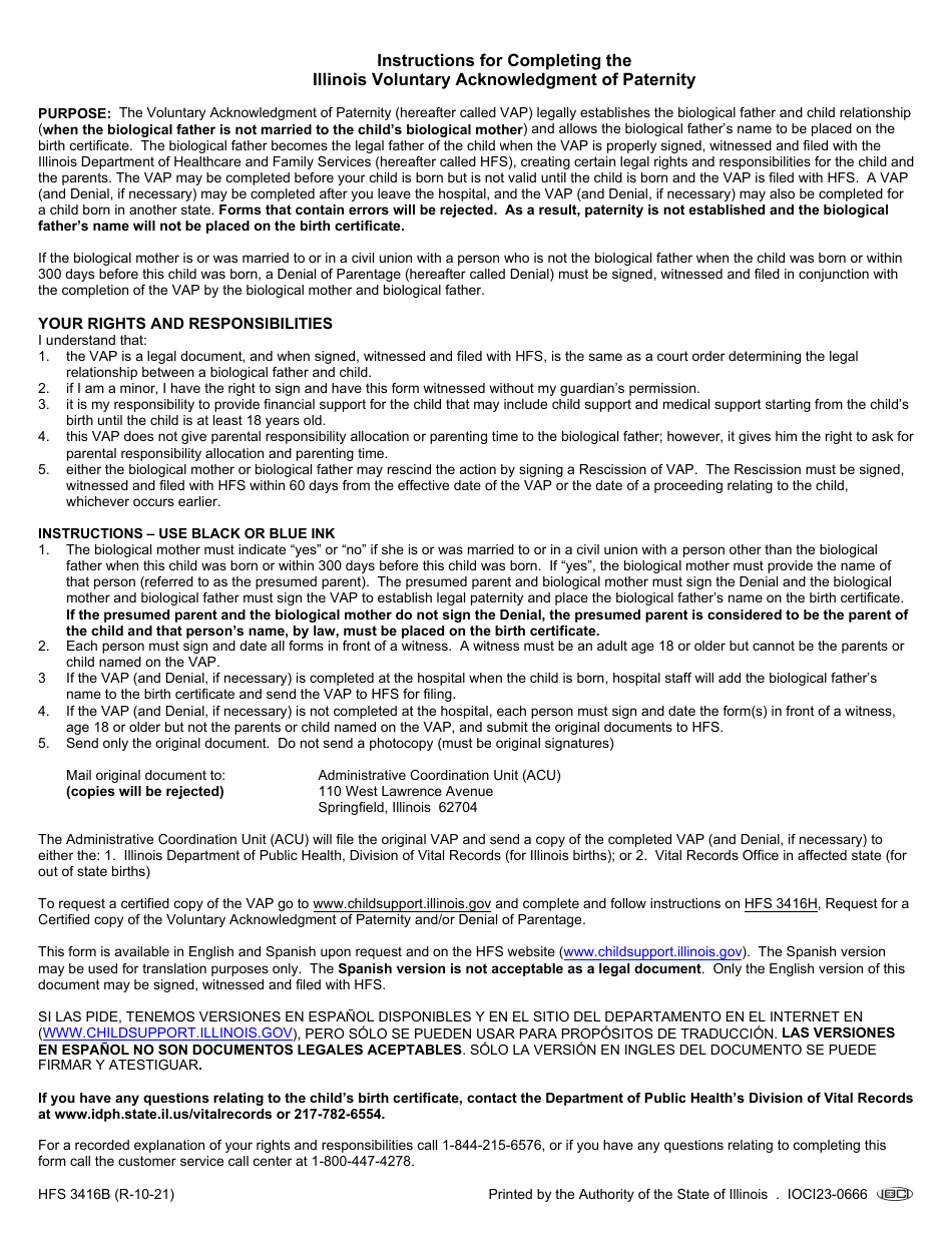 Form HFS3416B Illinois Voluntary Acknowledgment of Paternity - Illinois, Page 2