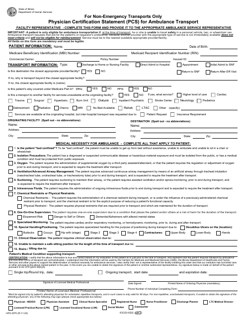 Form HFS2270 Physician Certification Statement (PCS) for Ambulance Transport - for Non-emergency Transports Only - Illinois