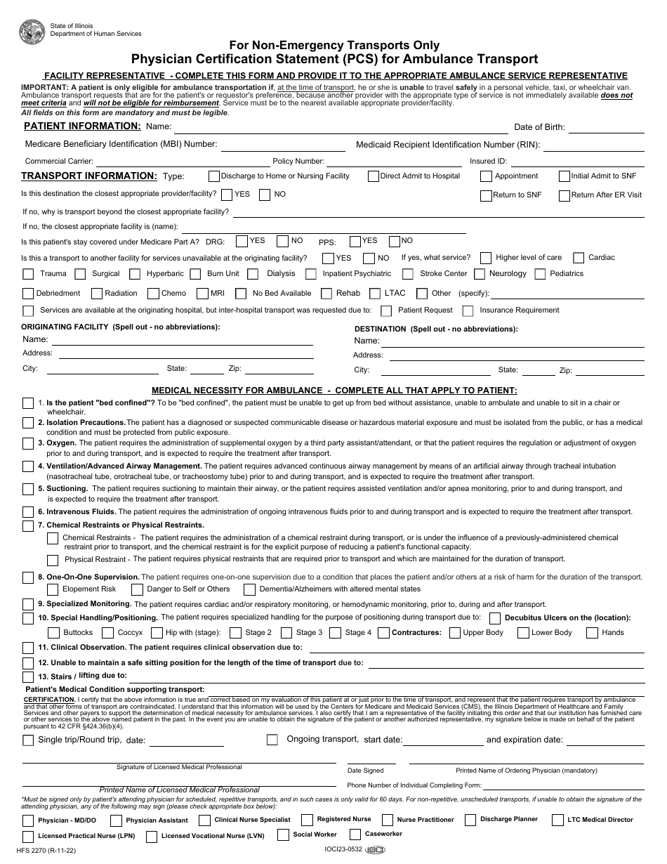 Form HFS2270 Physician Certification Statement (PCS) for Ambulance Transport - for Non-emergency Transports Only - Illinois, Page 1