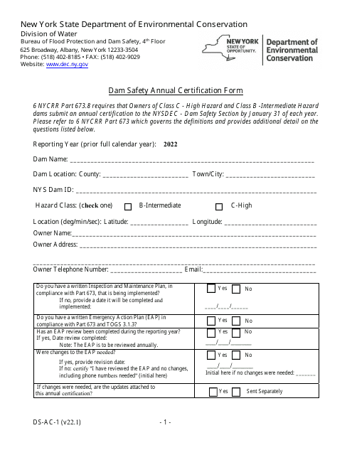 Form DS-AC-1 Dam Safety Annual Certification Form - New York, 2022