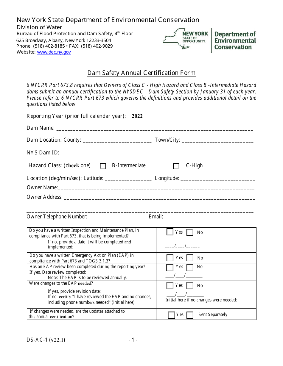 Form DS-AC-1 Dam Safety Annual Certification Form - New York, Page 1