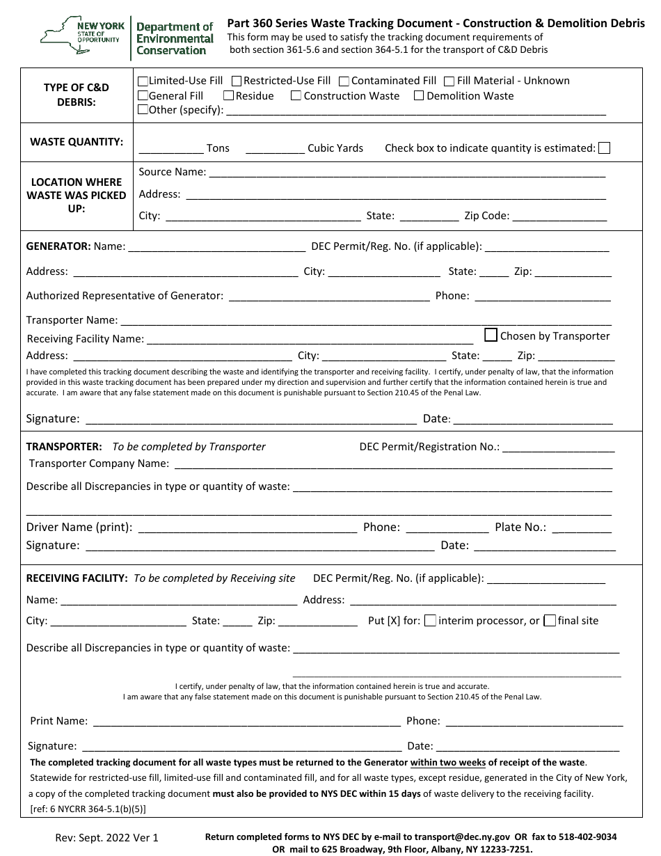 Part 360 Series Waste Tracking Document - Construction  Demolition Debris - New York, Page 1