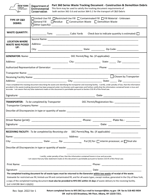 Part 360 Series Waste Tracking Document - Construction & Demolition Debris - New York Download Pdf