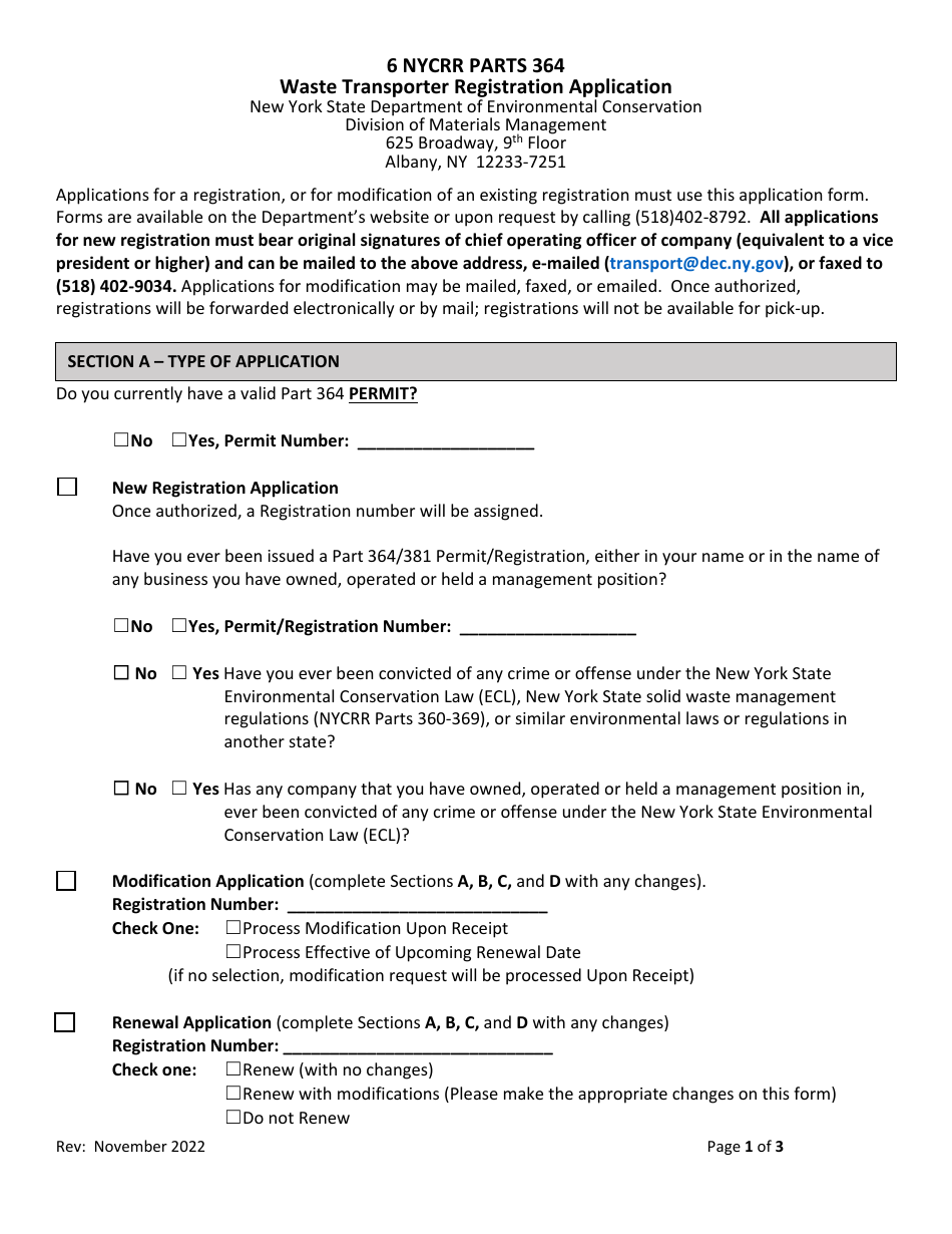 6 Nycrr Parts 364 Waste Transporter Registration Application - New York, Page 1