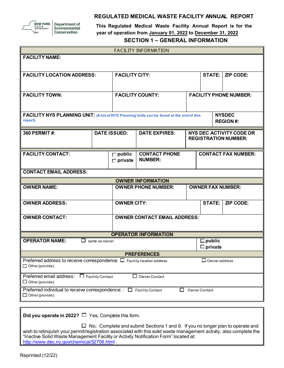 Regulated Medical Waste Facility Annual Report - New York, Page 1