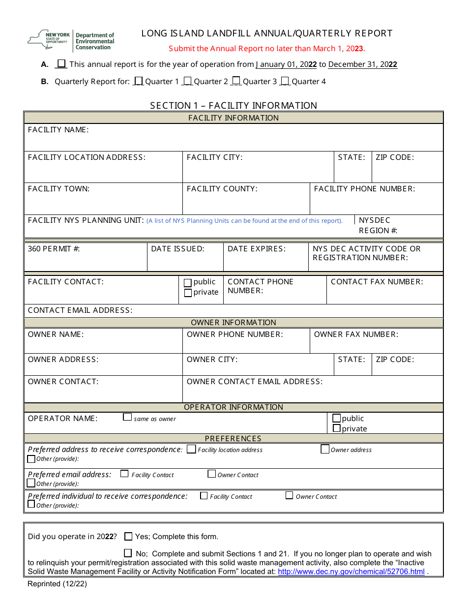 Long Island Landfill Annual / Quarterly Report - New York, Page 1