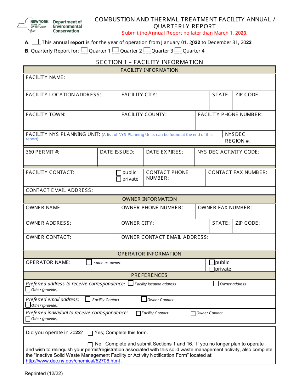 Combustion and Thermal Treatment Facility Annual / Quarterly Report - New York, Page 1