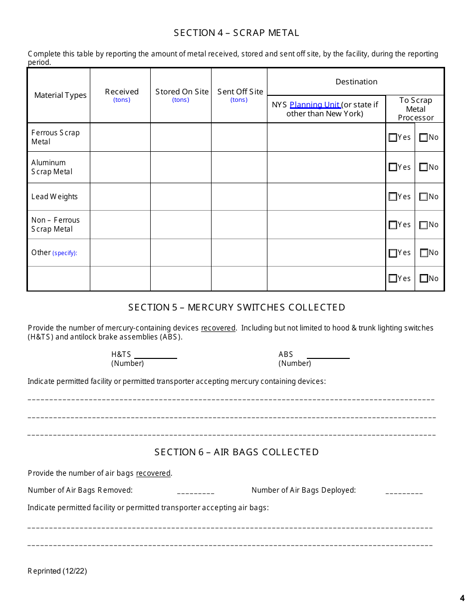 Vehicle Dismantling Facility, Motor Vehicle Repair Shop and Mobile Vehicle Crusher Annual Report - New York, Page 4