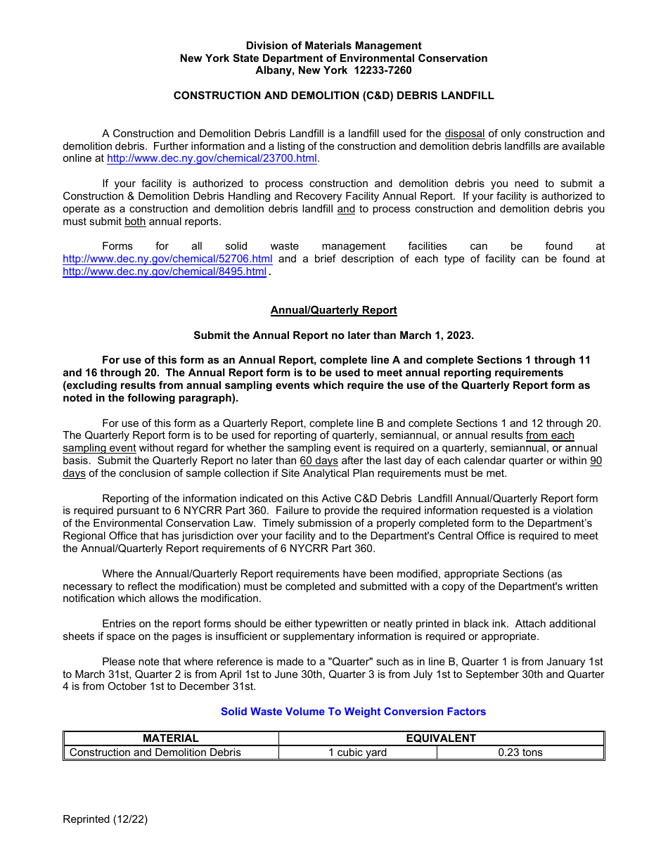 Active Construction and Demolition (Cd) Debris Landfill Annual / Quarterly Report - New York, Page 15