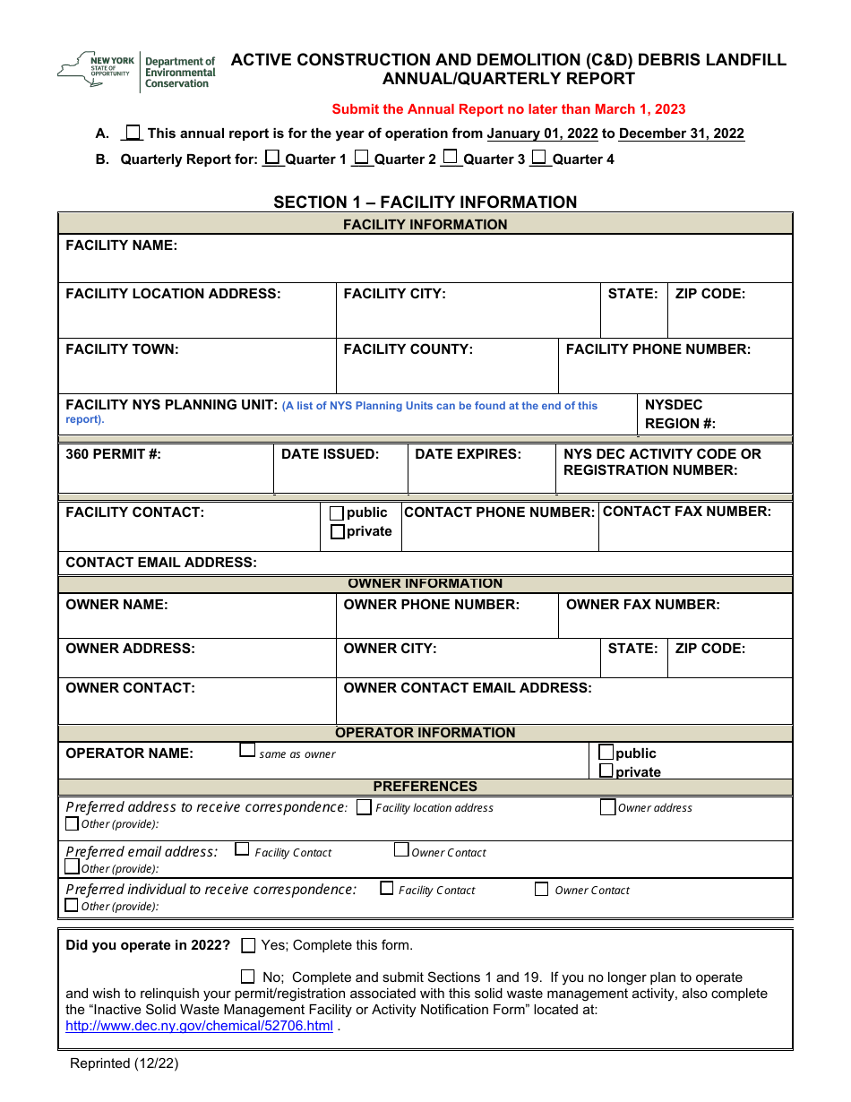 Active Construction and Demolition (Cd) Debris Landfill Annual / Quarterly Report - New York, Page 1