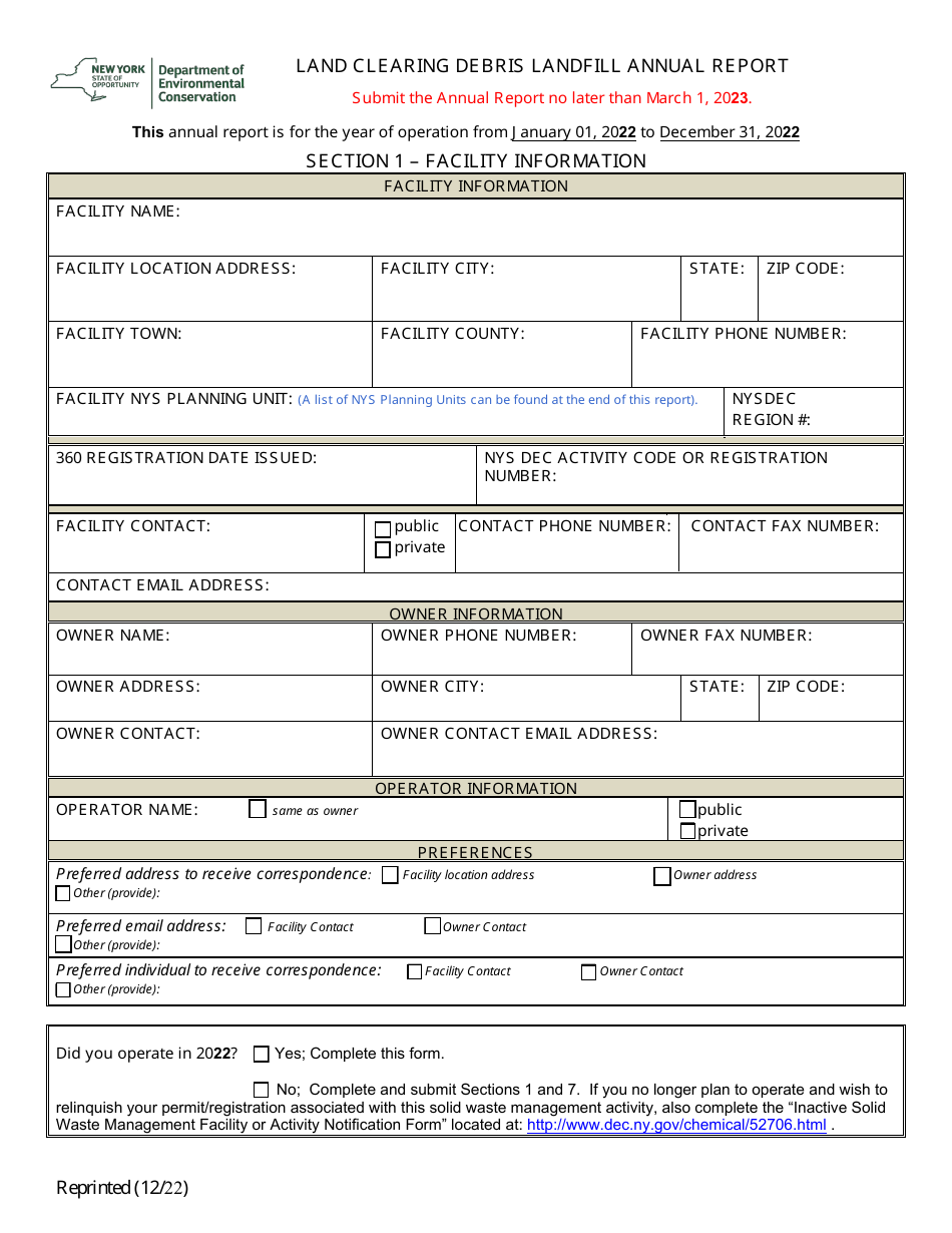 Land Clearing Debris Landfill Annual Report - New York, Page 1