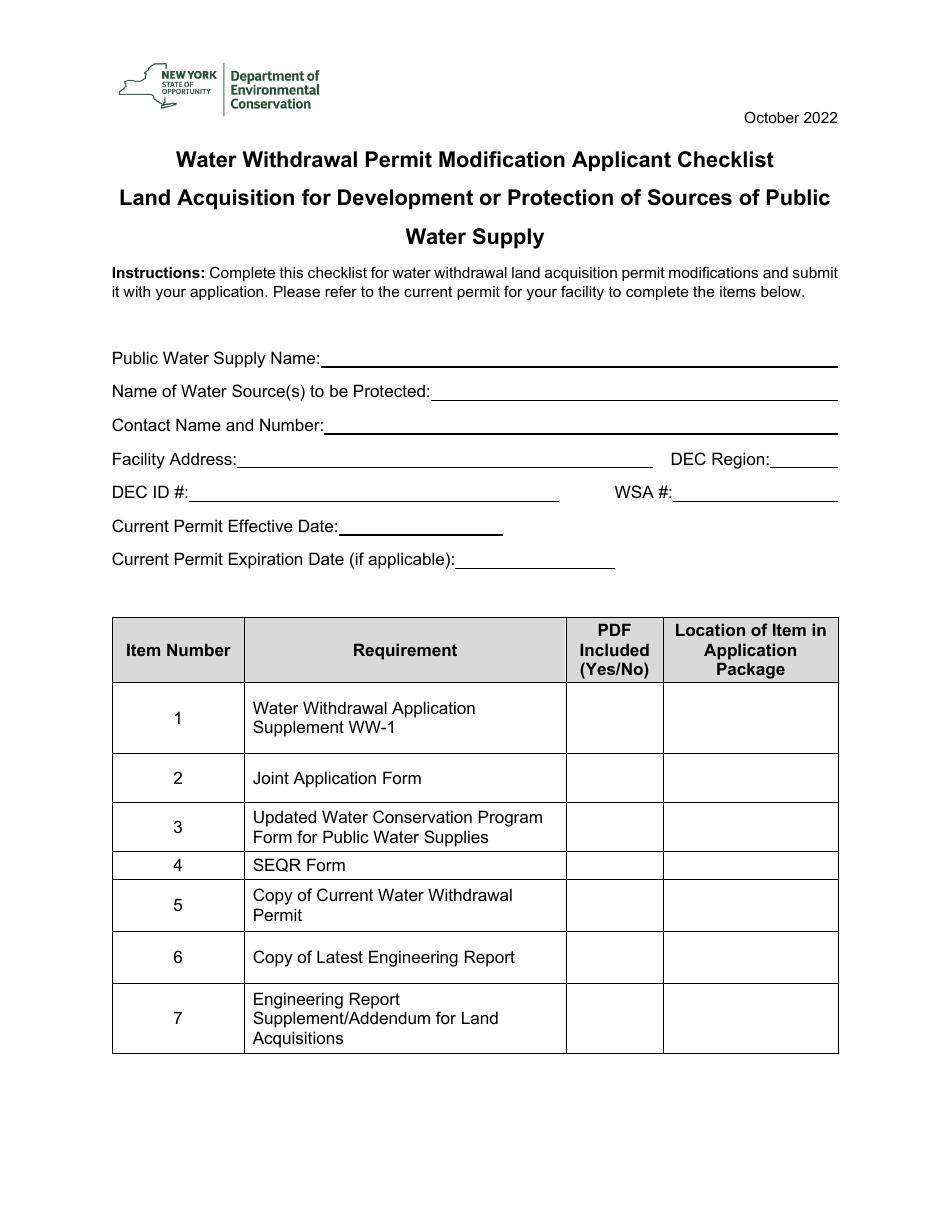 Water Withdrawal Permit Modification Applicant Checklist - Land Acquisition for Development or Protection of Sources of Public Water Supply - New York, Page 1