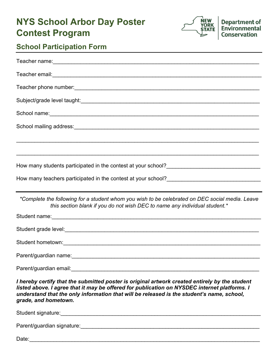 School Participation Form - School Arbor Day Poster Contest Program - New York, Page 1