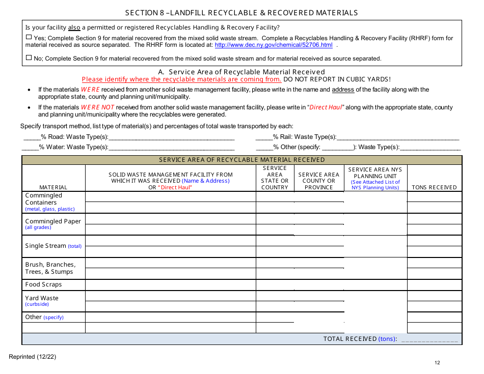 Msw, Industrial or Ash Landfill Annual / Quarterly Report - New York, Page 12