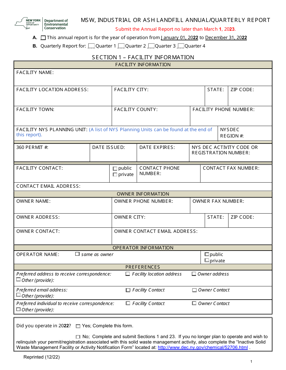 Msw, Industrial or Ash Landfill Annual / Quarterly Report - New York, Page 1