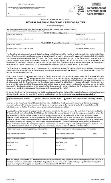 Form 85-12-9-10G Request for Transfer of Well Responsibilities - New York