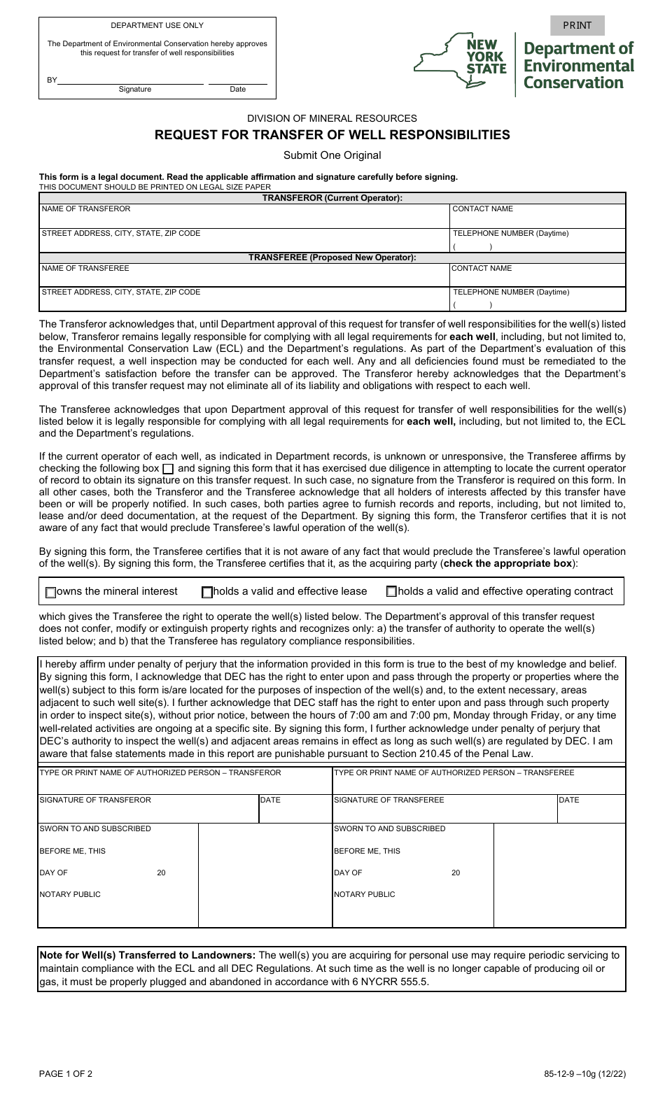 Form 85-12-9-10G Request for Transfer of Well Responsibilities - New York, Page 1