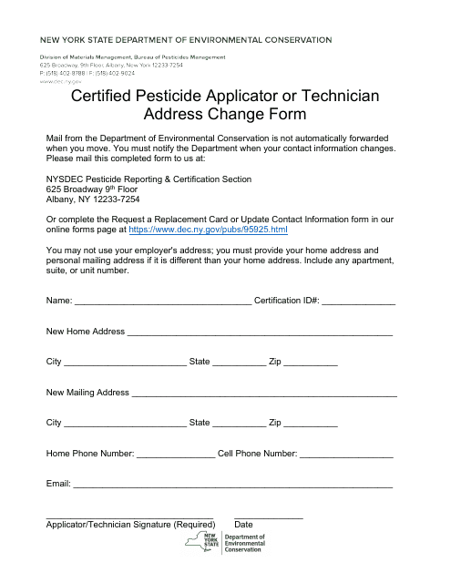 Certified Pesticide Applicator or Technician Address Change Form - New York Download Pdf