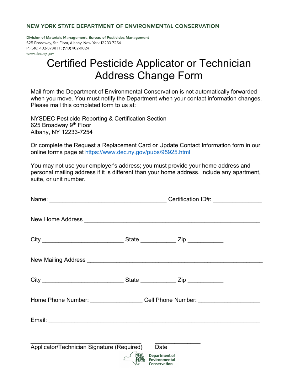 Certified Pesticide Applicator or Technician Address Change Form - New York, Page 1