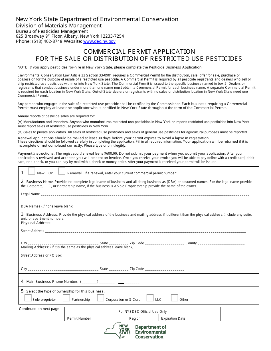 Commercial Permit Application for the Sale or Distribution of Restricted Use Pesticides - New York, Page 1