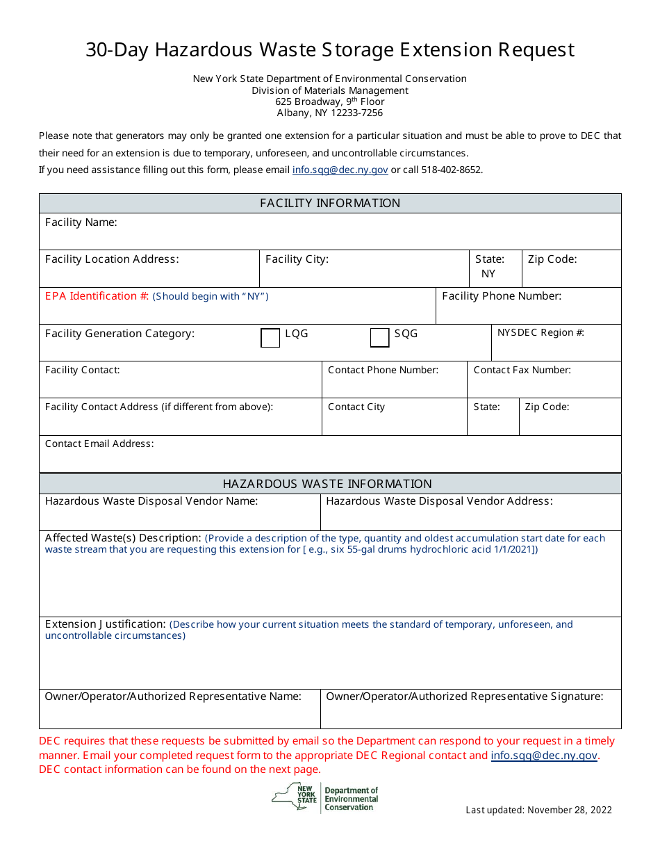 30-day Hazardous Waste Storage Extension Request - New York, Page 1