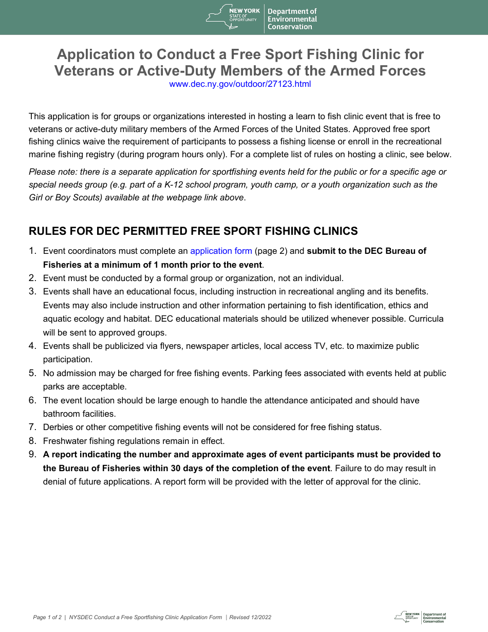 Application to Conduct a Free Sport Fishing Clinic for Veterans or Active-Duty Members of the Armed Forces - New York, Page 1