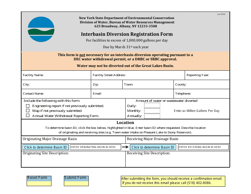 Interbasin Diversion Registration Form - New York