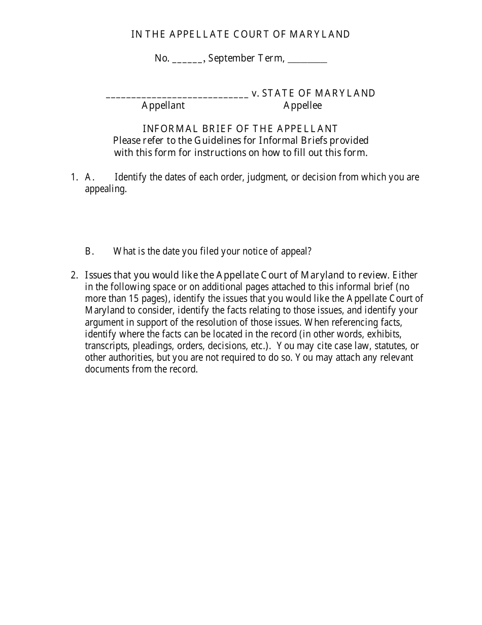 Informal Brief of the Appellant - Criminal - Maryland, Page 1