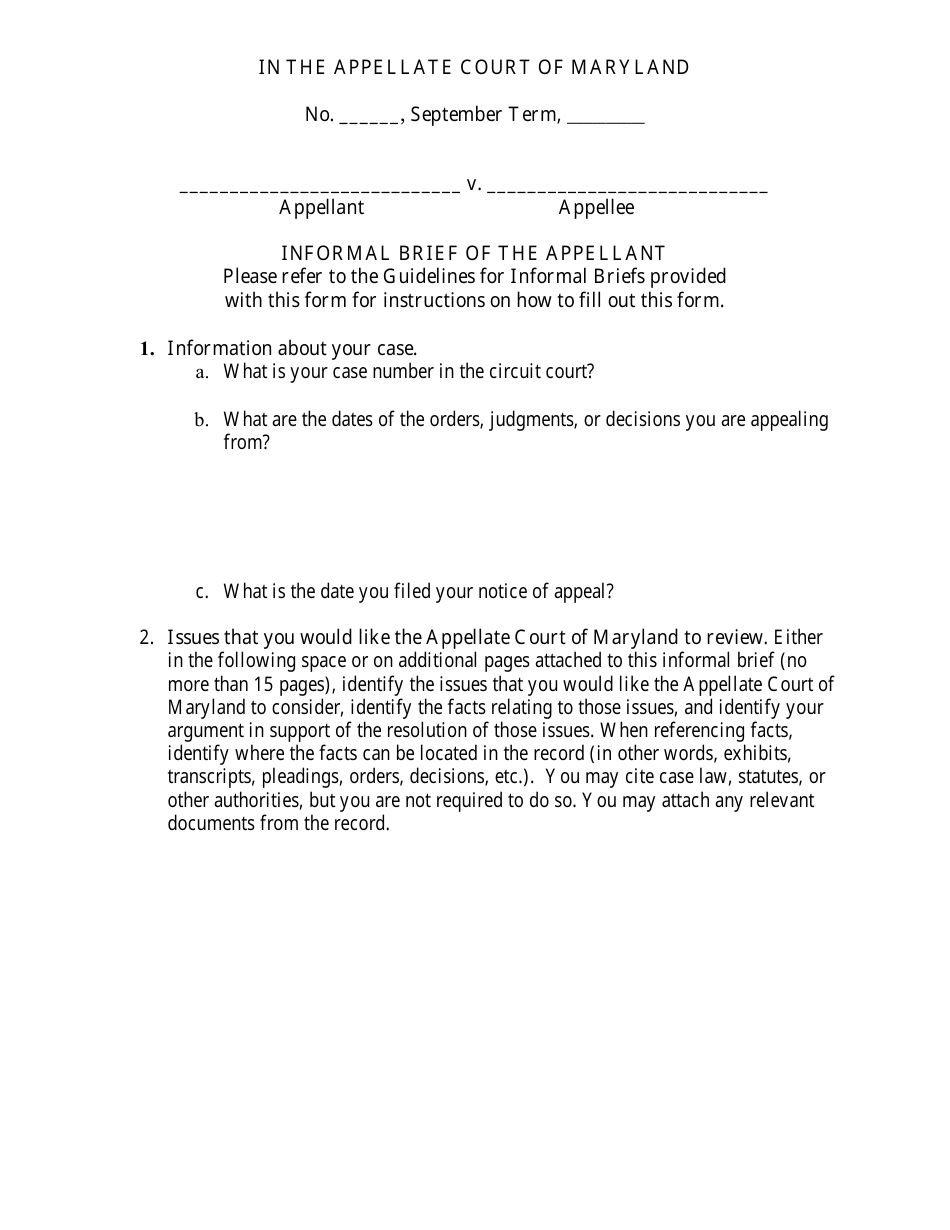 Informal Brief of the Appellant - Civil - Maryland, Page 1