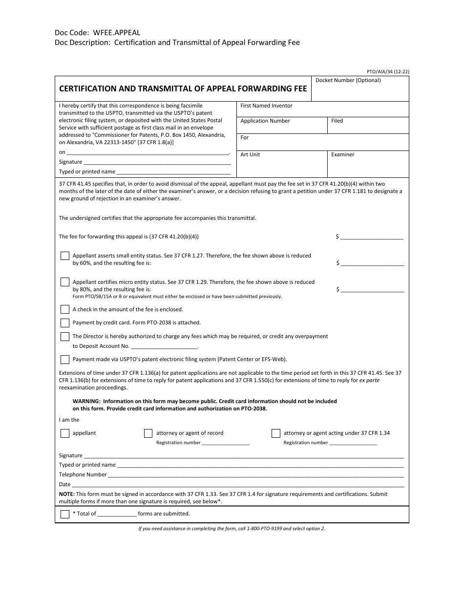 Form PTO / AIA / 34 Certification and Transmittal of Appeal Forwarding Fee, Page 1