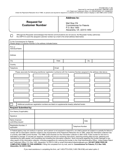 Form PTO/SB/125 Request for Customer Number