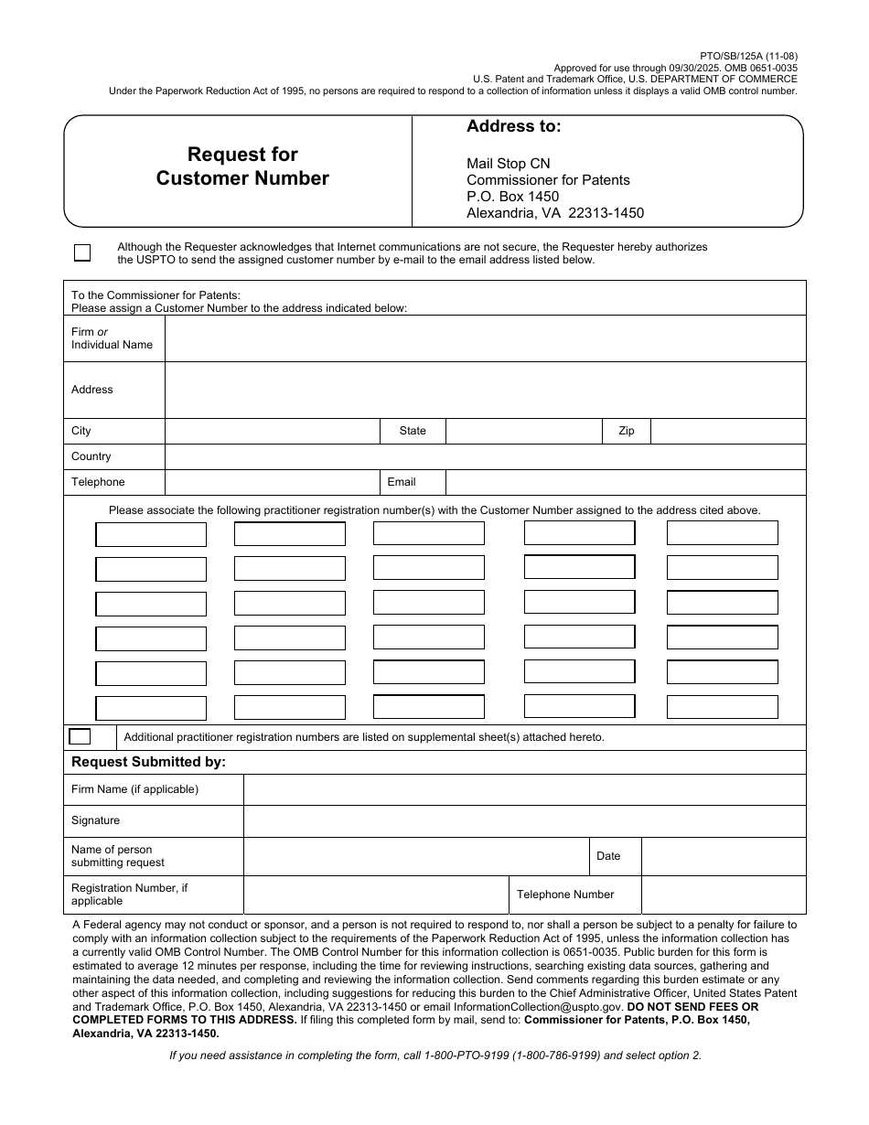 Form PTO / SB / 125 Request for Customer Number, Page 1